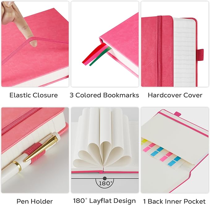 Bullet Lined Journal Notebook for Women/Men Writing Work, 320 Pages B5 Large Pink Leather Daily Diary Journals Note book College Ruled for Note Taking, 100Gsm Thick Paper, 7.1'' X 10''