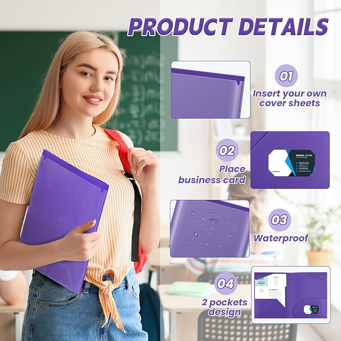 Henoyso 60 Pcs Plastic Folders with Clear Front Pockets Heavy Duty File Folders with 2 Pockets and Card Slot for Student Communication School Office Presentation Report (Purple)