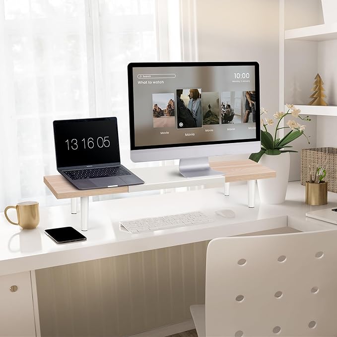 Dual-Monitor-Stand-Riser-For-Desk Adjustable Length 32-40 Inch,Large Desktop Computer Monitor Riser For 2 Screens,Desk Shelf Organizer Riser Stand For Computer/Laptop/PC/Printer/TV Maple