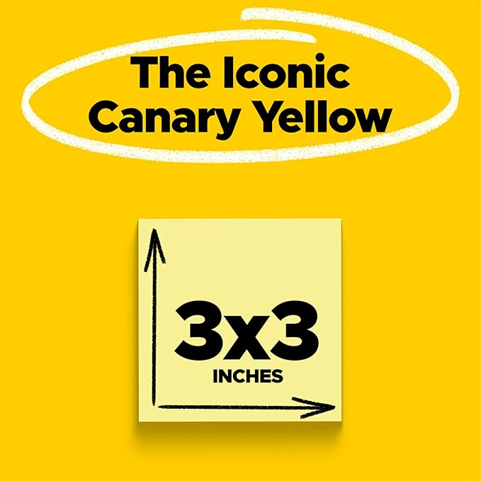 Post-it Notes, 3 in x 3 in, 18 Sticky Notes Pads, 100 Sheets per Pad, The Iconic Canary Yellow Note, School Supplies and Office Products
