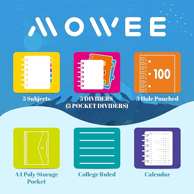 5 Subject Notebook - Spiral Notebook, College Ruled Notebook with Dividers Pocket, Tabs, 11" Ruler, 200 Pages, for Writing Journal, Home & Office, School Supplies (8.5 * 11Babyblue)