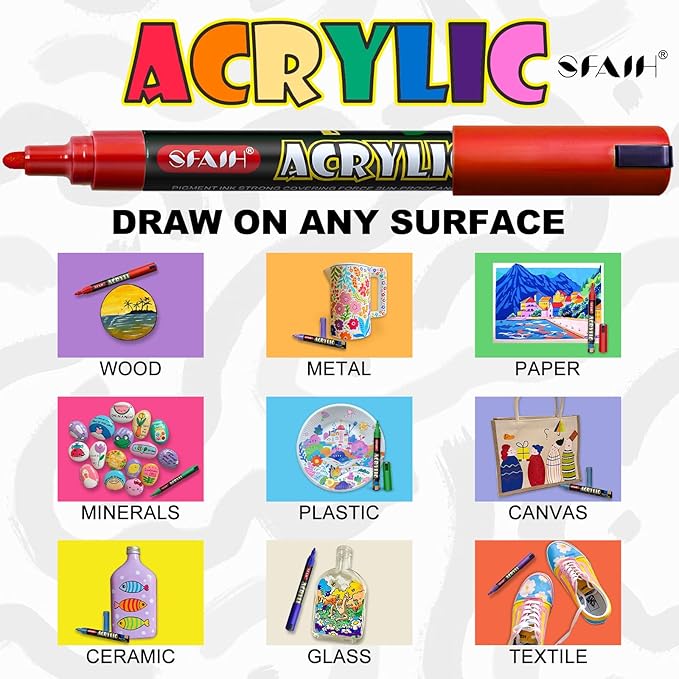 SFAIH Acrylic Creative Markers Set of 48 with Organizer, 3mm Medium Tips - 48 Colors, Waterproof, Fast Drying, Gift for Kids and Adults - Art Supplies, Fabric Paint, Rock Painting, Art Markers