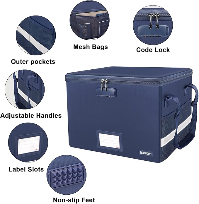 ENGPOW File Box with Lock,Fireproof Document Box with Pockets,Collapsible File Storage Organizer Filing Cabinet with Handle,Portable Home Office Safe for Hanging Letter/Legal Folders,2 Pack(Blue)