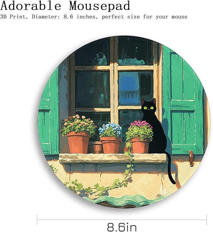Gctriki Anime Black Cat Mouse Pad, Cute Round Computer Mouse Pads for Desk Laptop Gaming, Stitched Edge Non-Slip Rubber Base, Cute Cat Home Office Desk Accessories Decor for Women