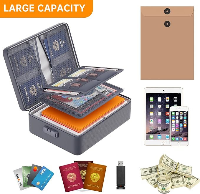 DocSafe 5200°F Document Organizer with Lock,Upgraded Heat Insulated Fireproof&Waterproof Box 8 Layers File Organizer,Portable Home Travel Safe Storage for Important Documents, Files,Gray (Soft)