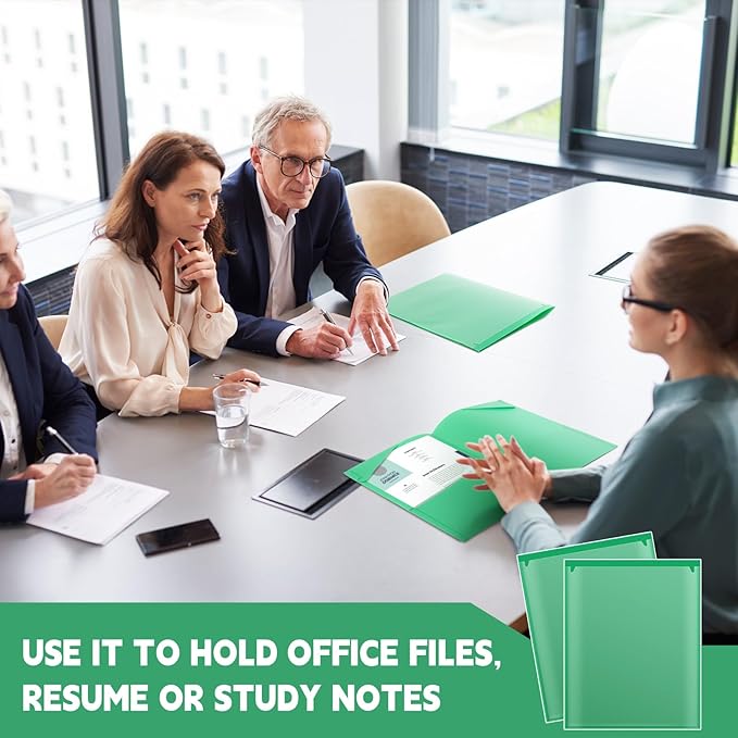 Henoyso 36 Pcs Plastic Folders with Clear Front Pockets Heavy Duty File Folders with 2 Pockets and Card Slot for Student Communication School Office Presentation Report (Green)