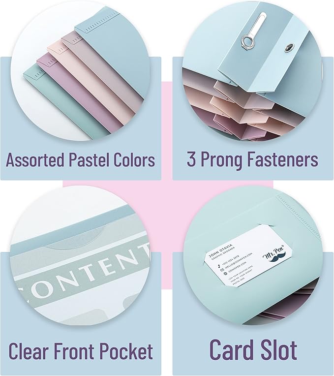 Mr. Pen- Plastic Folders with Clear Front Pocket, 5 pcs, Pastel Colors, File Folders with Fasteners for Documents