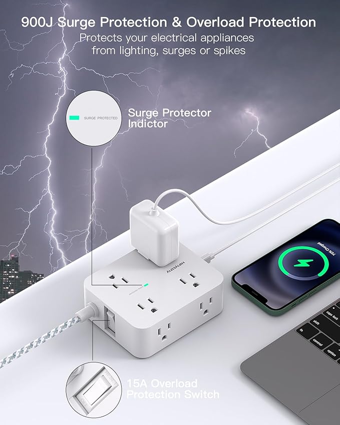 Extension Cord 25 Ft, Surge Protector Power Strip with 8 Outlets 4 USB Ports(2 USB C), Long Cord, Wall Mount, Desk USB Charging Station for Home Office College Dorm Room Essentials
