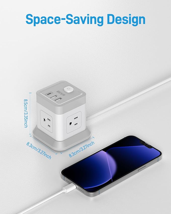 BEVA Cube Power Strip 10 ft Cord, Desktop Power Strip with 4 Outlets and 3 USB Ports, Flat Plug, Overload Protection, Compact Power Strips Tower for Travel Home Office Cruise Ship - ETL Listed