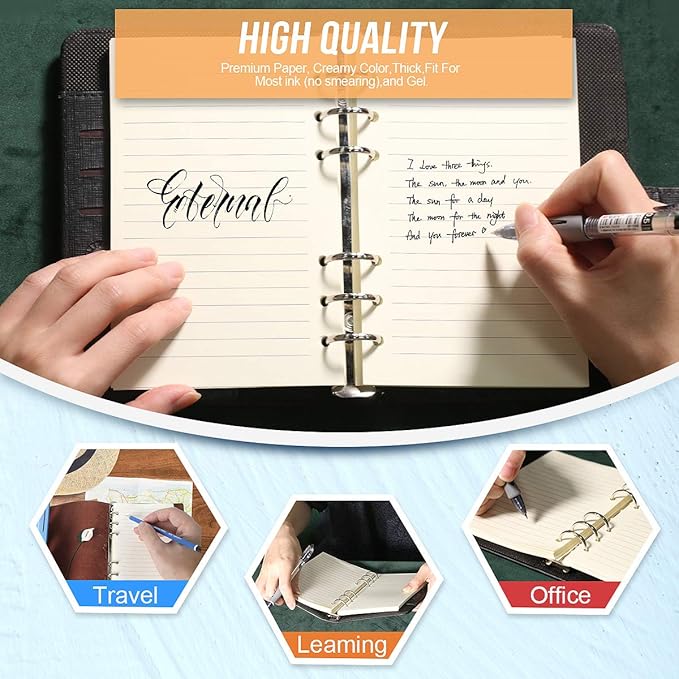 Refill Lined Paper, Leather Journal Refills Lined, 6-Holes Inserts (320 Pages) for A6 Binder Refillable Journals Notebooks, 2 Pack(Each Pack 80 Sheets, 160 Pages)