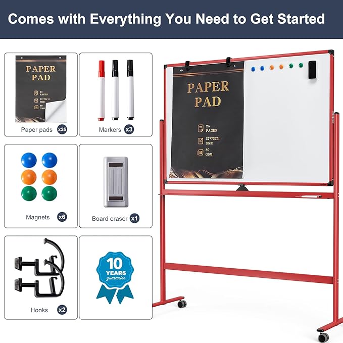 Rolling Whiteboard, 48x32 Inches Dry Erase Board with Stand, Magnetic Mobile Whiteboard on Wheels, Standing White Board for Office, School, Home, Large Double Sided White Board with Paper Pad