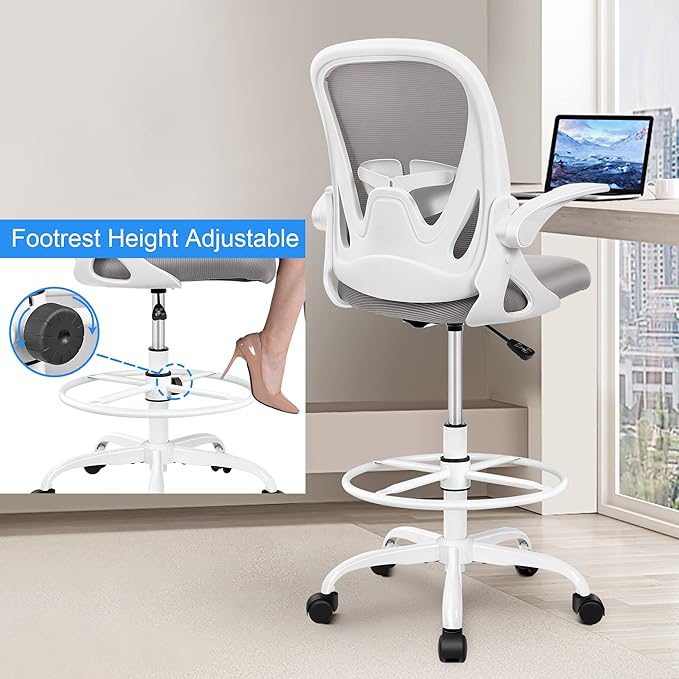 Primy Ergonomic Drafting Chair with Flip-up Armrests for Standing Desk - Tall Office Chair with Lumbar Support and Adjustable Footrest Ring(Gray)