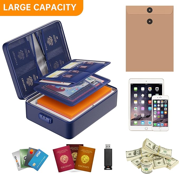 DocSafe 5200°F Document Organizer with Lock,Upgraded Heat Insulated Fireproof&Waterproof Box 8 Layers File Organizer,Portable Home Travel Safe Storage for Important Documents, Files,Blue (Soft)