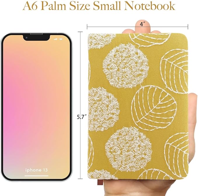 A6 Notebook, Pocket Journal, Embroidered Journal for Girl, Small Fabric Notebook, Lay Flat Hardcover Journal, 4x6 Lined Notebook & Sketchbook, Cute Diary, Writing Journal for Women, Yellow
