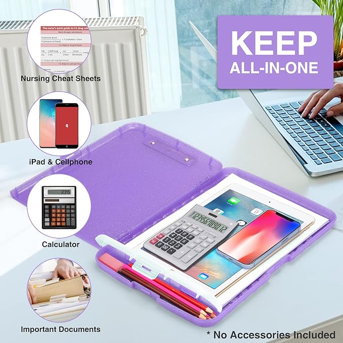 Sooez Glitter Clipboard with Storage, High Capacity Clip Boards 8.5x11 with Pen Holder, Cute Clipboards with Low Profile Clip, Sparkle Plastic Clip Board Case Box for Women & Kids, Side Opening