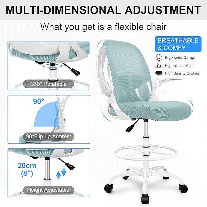 Primy Drafting Chair Tall Office Chair with Flip-up Armrests Executive Ergonomic Computer Standing Desk Chair with Lumbar Support and Adjustable Footrest Ring(Light Blue)