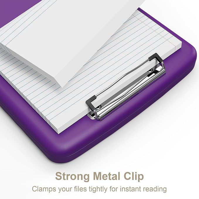 Piasoenc Clipboard with Storage, 8.5 x 11 Organization Box with Pen Holder and A4 Legal Paper Folder, Heavy Duty Plastic, Folio & Side-Opening, Low Profile Clip, for Teachers, Lawers, Deep Purple