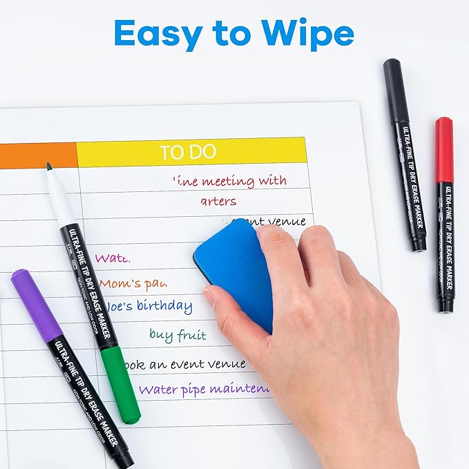 maxtek Dry Erase Markers Ultra Fine Tip, 0.7mm, Low Oror, Extra Fine Point Dry Erase Markers for Planning Whiteboard, Calendar Boards, 6 Count