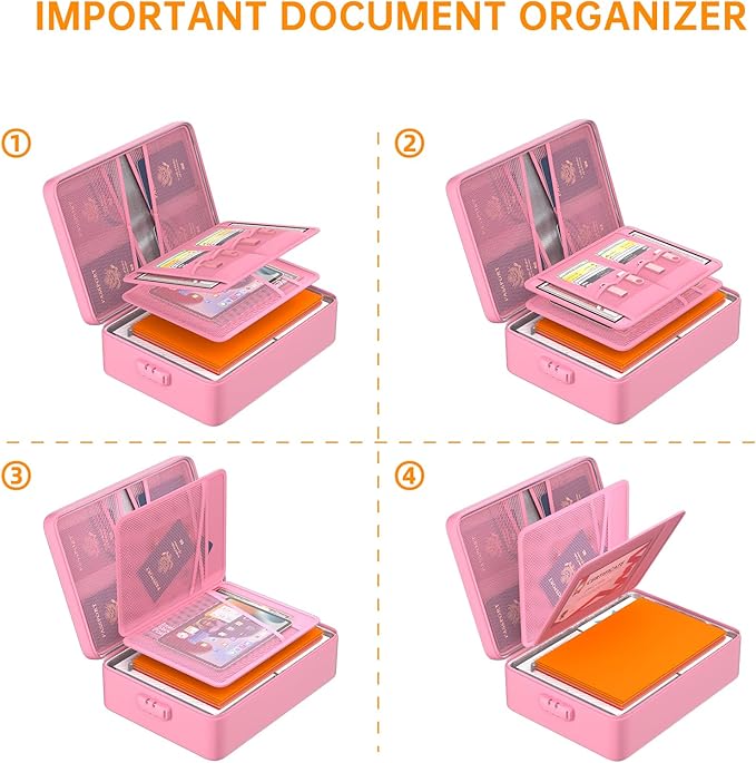 DocSafe 5200°F Document Organizer with Lock,Upgraded Heat Insulated Fireproof&Waterproof Box 8 Layers File Organizer,Portable Home Travel Safe Storage for Important Documents, Files,Pink (Soft)