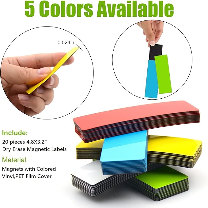 Dry Erase Big Magnetic Labels (4.8x3.2,Pack of 20),Large Write On Magnets Name Plates Sticker,Waterproof/Reusable for Refrigerator&Lockers&Whiteboard&Cabinet(Multicolor)