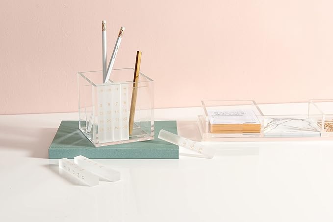russell+hazel Acrylic Perpetual Calendar and Pencil Bloc Two Compartment Pen Cup, Office Supplies, Clear, 4” x 4”