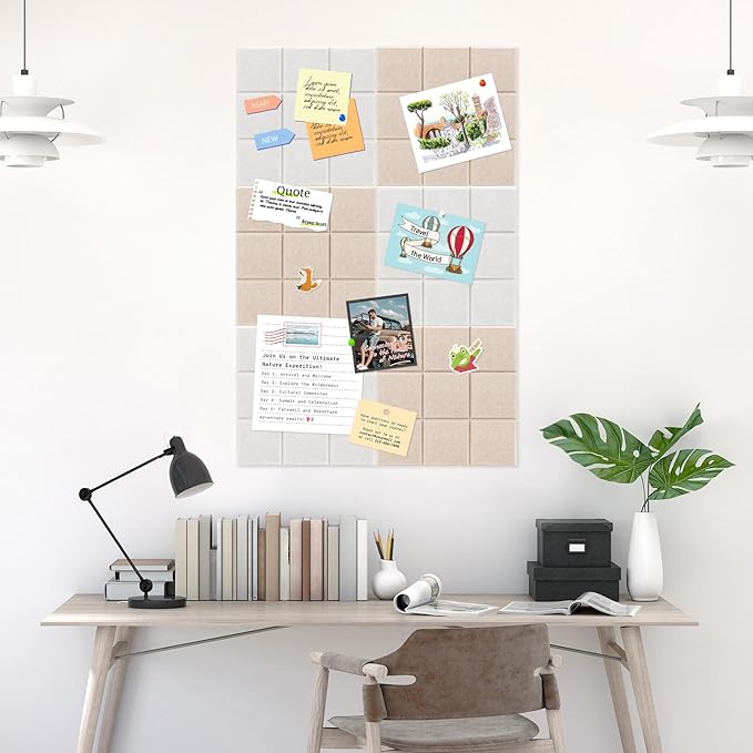 Smarpau 12 Pack Felt Cork Board Tiles 48"x36" Large Cork Board with Safe Removable Adhesive Tabs Square Cork Bulletin Board for Home Office Pin Board Tack Board Light Camel