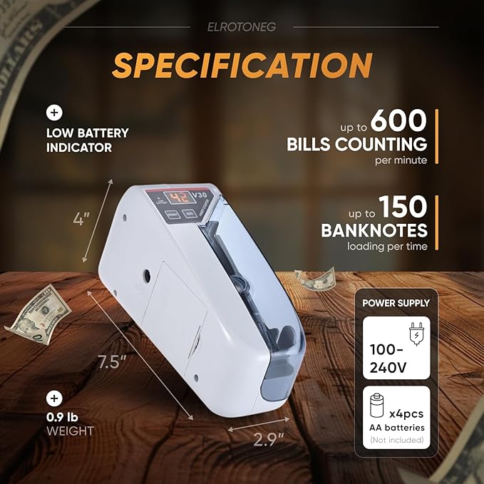 Portable сash Counter ELROTONEG V30 Money Counter with UV lamp Portable Bill Counting Machine, 600 banknotes/min