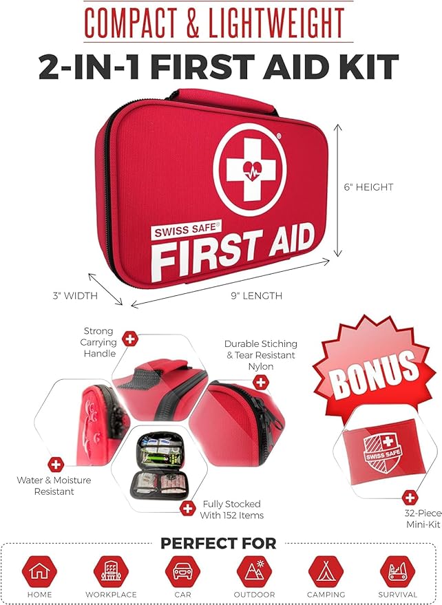 Swiss Safe 2-in-1 First Aid Kit for Car, Travel & Home, Businesses - Bonus Mini Kit for Medical Emergency Aid, Survival, Camping - FSA & HSA Eligible - 120+32 Pcs, Small+Travel FAK