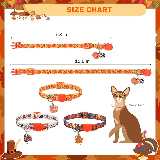 SCENEREAL Thanksgiving Day Breakaway Cat Collar with Bells, Safety Buckle Soft Adjustable Cats Collars for Daily Wearing, Kitten Puppy Personalised Collars for Dogs Girl Boy