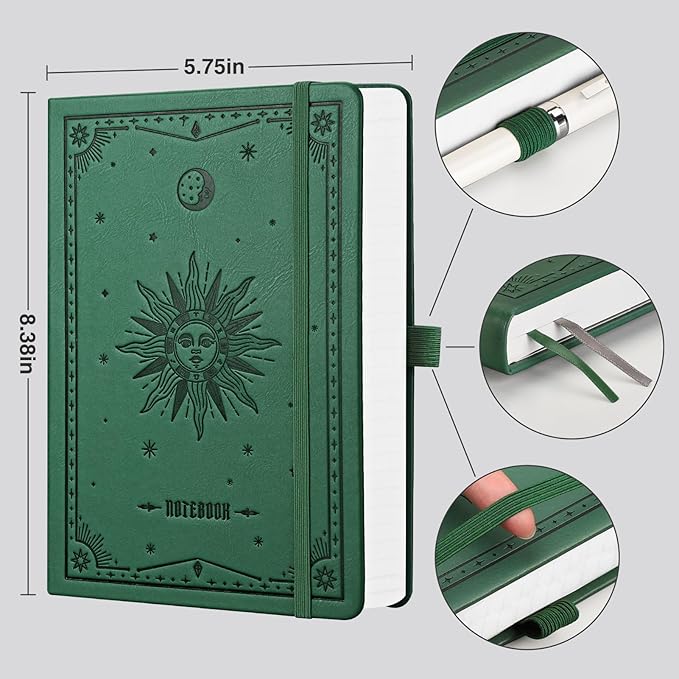 EMSHOI Lined Journal Notebook, 320 Numbered Pages, A5 College Ruled Notebook, with 100 GSM Thick Paper, Hardcover Leather, Contents, Stickers, Inner Pocket, Pen Holder, 5.75 x 8.38-Dark Green