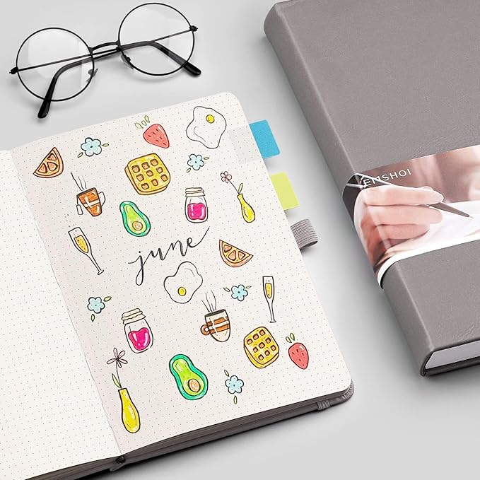 EMSHOI Dotted Notebook - 256 Pages A5 Dot Grid Journal Bullet Notebook with 120gsm Thick Dotted Paper,16 Perforated Pages, Hardcover Leather, Pen Holder, Inner Pocket, 5.75'' × 8.38''-Dark Grey