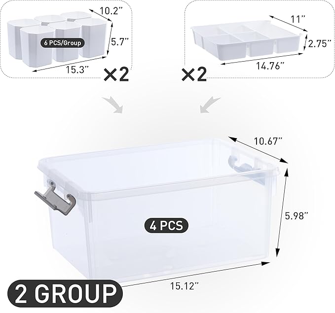 Citylife 17 QT Plastic Storage Box with Removable Tray and 6 Detachable Tall Inserts Craft Organizers and Storage Clear Storage Container for Organizing Crayon, Craft, Sewing, Playdoh, 4 Packs