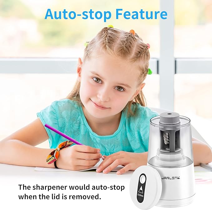 JARLINK Electric Pencil Sharpener, Heavy-Duty Helical Blade to Fast Sharpen, Auto Stop for No.2/Colored Pencils(6-8mm), USB/Battery Operated in School Classroom/Office/Home (White)