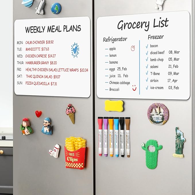 4 PACK Magnetic Dry Erase Board Sheet for Fridge, 12"x8" Erasable Refrigerator WhiteBoard w/ 6 Markers & 1 Eraser- Smooth and Flexible Small Magnet Blank Notepad for Home Kitchen Organizer and Planner