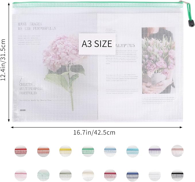 EOOUT 16pcs Mesh Zipper Pouch Bags, A3 Large Zipper Bags Board Game Storage with Labels, 16.7x12.4 Inch Plastic Zip File Folders Puzzle Storage Bags for Organizing Classroom Office Home