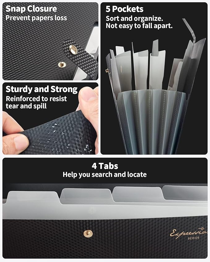 Sooez Expanding File Folder, Letter Size Accordion File Organizer, 5 Pocket Folders for Documents, Cute Folder with Labels, Portable Paper Organizer for School Office Supplies, A4 Size, Grey
