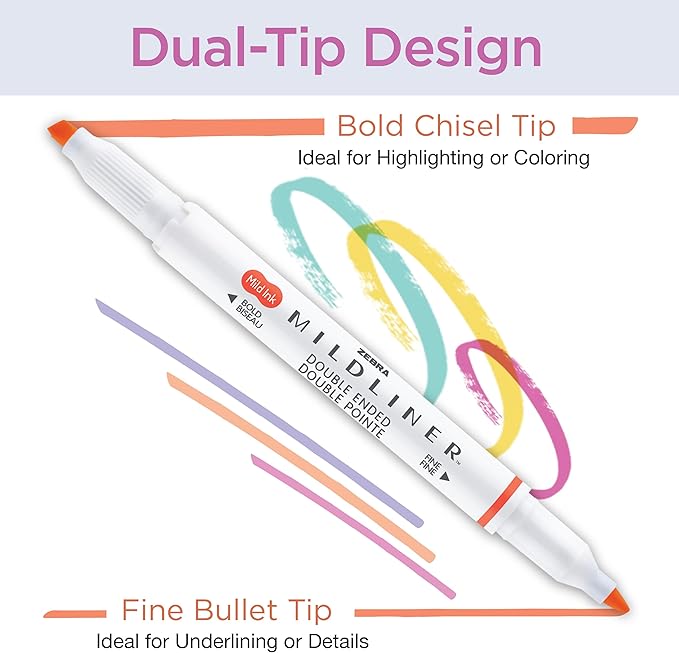 Zebra Pen 78108 Mildliner Double Ended Highlighter Set, Broad and Fine Point Tips, Assorted Ink Planner Colors, 8-Pack