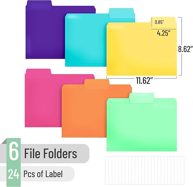Mr. Pen- Poly File Folders, 1/3 Cut Tab, 6 Pack, Assorted Colors, Letter Size, Colored Letter File Folders for Office Supplies