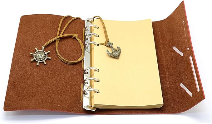 EvZ Leather Writing Journal Notebook, 7 Inches Vintage Nautical Spiral Blank String Diary Notepad Sketchbook Travel to Write in, Unlined Paper, Retro Pendants, Classic Embossed, Sky Blue