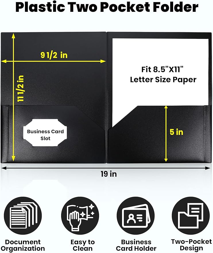 SUNEE 2 Pocket Folders (24 Pack, Black) Heavy-Duty Plastic Folders with Pockets, Fit 8.5x11 Letter Size Paper, 2-Pocket File Folders for Kids, Home, School, Office
