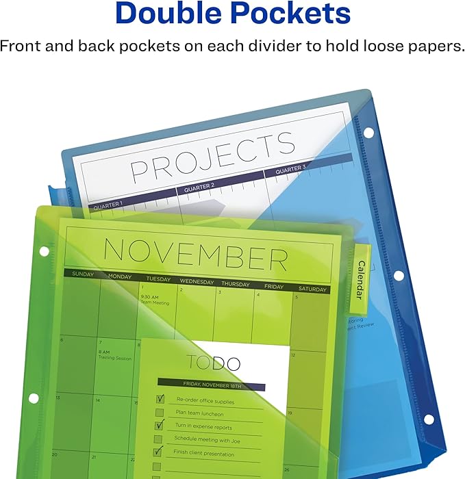 Avery Dividers for 3 Ring Binders, 5-Tab Sets, Two-Pocket Plastic Binder Dividers with Tabs, Multicolor, 24 Sets (11906)