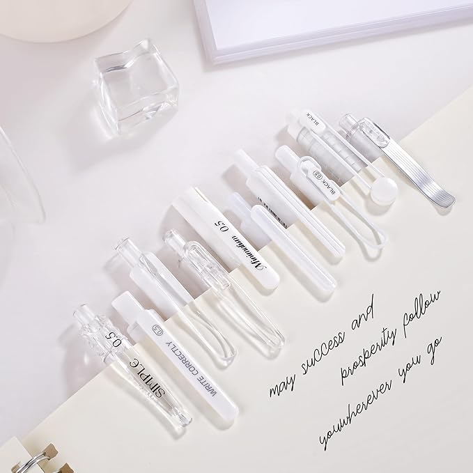 5 Count Pastel Gel Ink Pen Set,Cute Note Taking 0.5mm Fine Point Retractable 5 Count Black Ink Pens for Writing, Journaling, School, Office (White Clear)