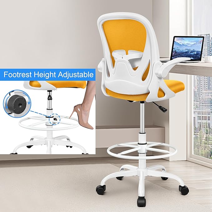 Primy Drafting Chair Tall Office Chair with Flip-up Armrests Executive Ergonomic Computer Standing Desk Chair with Lumbar Support and Adjustable Footrest Ring(Yellow)