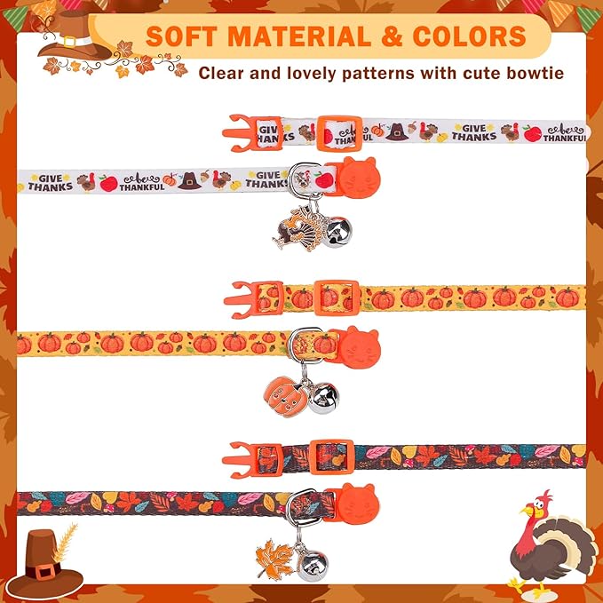 SCENEREAL Thanksgiving Day Breakaway Cat Collar with Bells, Safety Buckle Soft Adjustable Cats Collars for Daily Wearing, Kitten Puppy Personalised Collars for Dogs Girl Boy