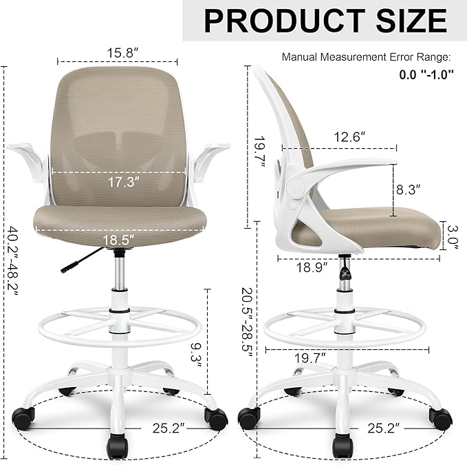 Primy Drafting Chair Tall Office Chair with Flip-up Armrests Executive Ergonomic Computer Standing Desk Chair with Lumbar Support and Adjustable Footrest Ring(Khaki)