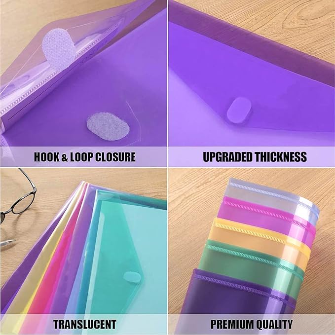 Sooez 12 Pack Plastic Envelopes Poly Envelopes, HeavyDuty File Folders, Clear Folders with Pockets, Folders for Documents Letter A4 Size, Filing Folders, Travel Bags, Office School Paper Storage