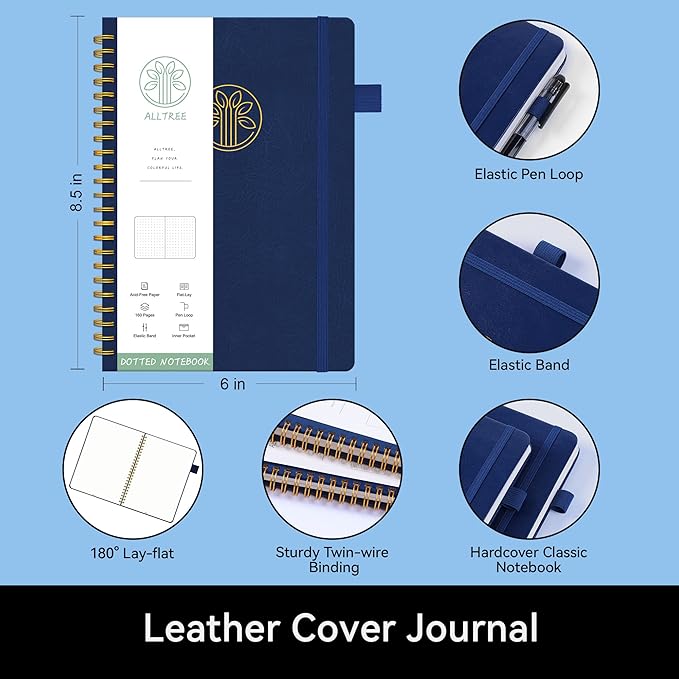 Alltree Spiral Dot Grid Notebook Journal, Dotted Paper Notebook for Work, Hardcoer Spiral Notebook with Pen Loop, Pocket, Stickers, 160 Pages, Journal for Women & Men, Navy Blue(6"x8.5")