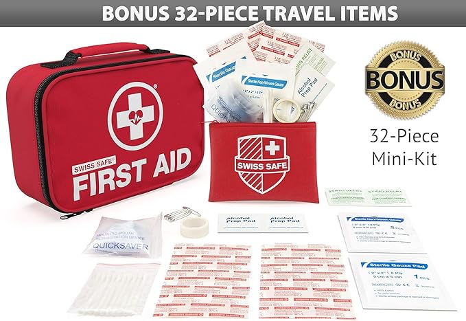 Swiss Safe 2-in-1 First Aid Kit for Car, Travel & Home, Businesses - Bonus Mini Kit for Medical Emergency Aid, Survival, Camping - FSA & HSA Eligible - 120+32 Pcs, Small+Travel FAK