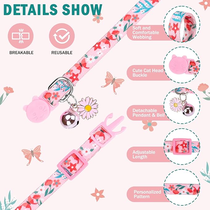 SCENEREAL Cute Cat Collars with Bells Breakaway, 4 Pack Floral Daisy Pendant Spring Summer Pet Collar for Girl Boy Cats, Adjustable Safety Pink Kitten Puppy Collars Flowers Set Size 8-12"