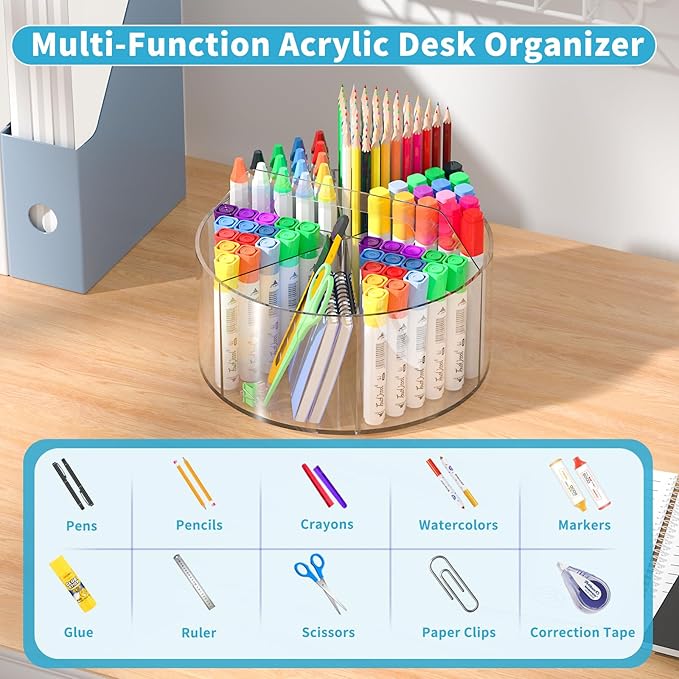 Acrylic Pen Holder for Desk, Acrylic Desk Organizer Clear, 360 Degree Pencil Holder for Desk Kids, Rotating Desk Organizer Rotating Pen Holder for Desk, Art Supply Storage Organizer 6 Compartments